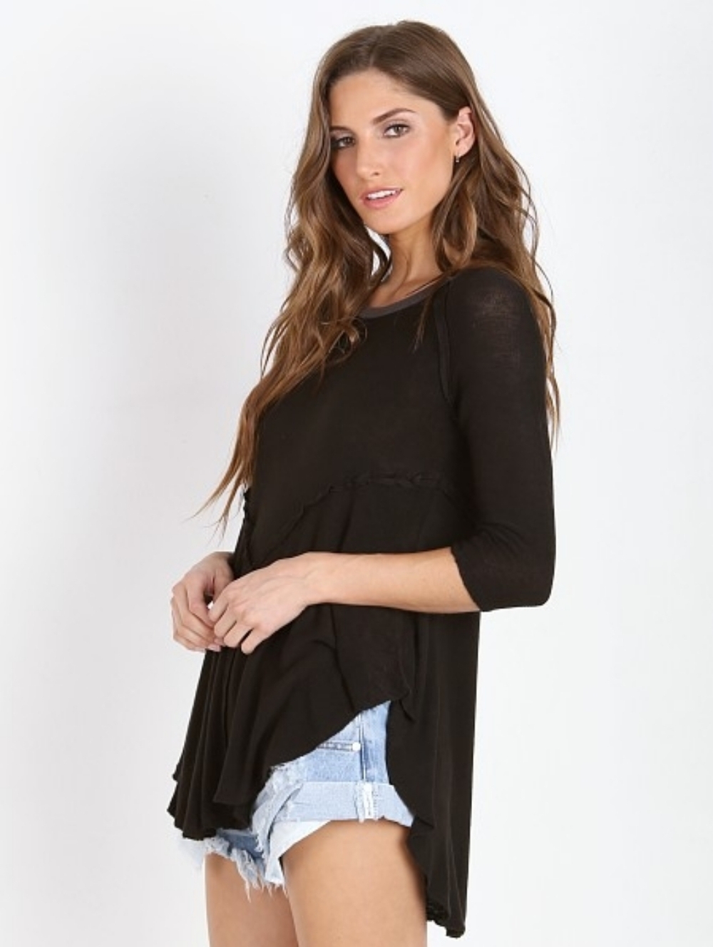 Free People Weekend Layering Tee Black 3/4 Long Sleeves Sheer Scoop Neck
